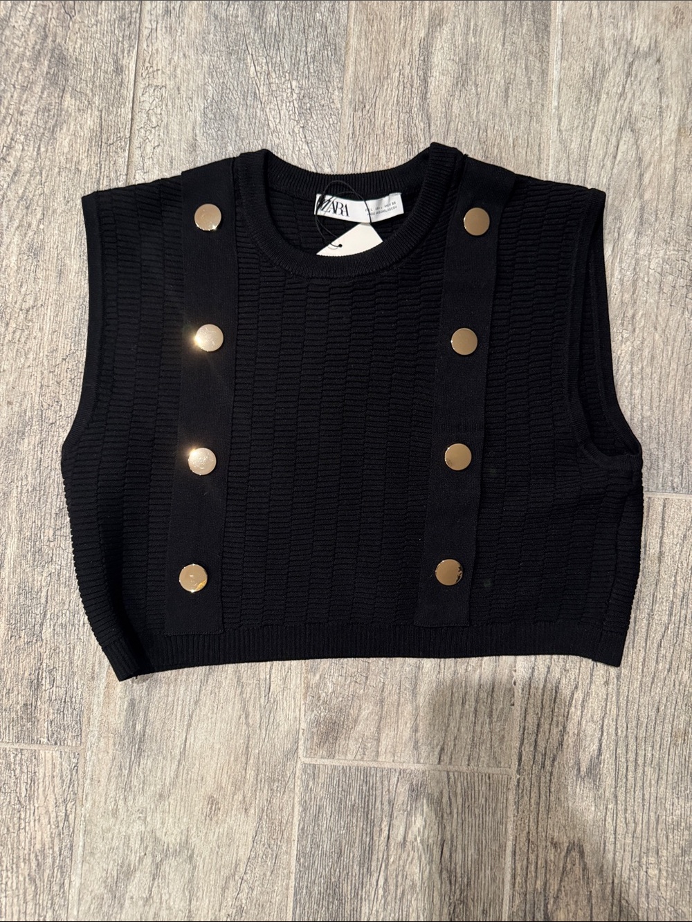 Zara Black Ribbed Knit Crop Tank with Gold Button Straps